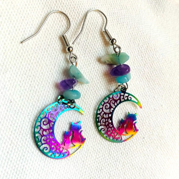 🐈‍⬛ Cat & Moon Danglers with Genuine Gemstones 🌙 ✨Handmade ✨ Cat Lovers 🐈‍⬛ - Picture 1 of 4